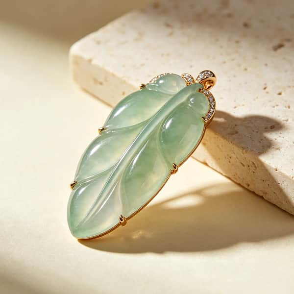 Carved Pale Green Jade Leaf Brooch